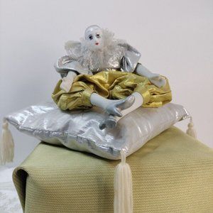 Vtg. Seymour Mann Porcelain Clown/Parrot Doll On Pillow Silver & Gold 1985 ...